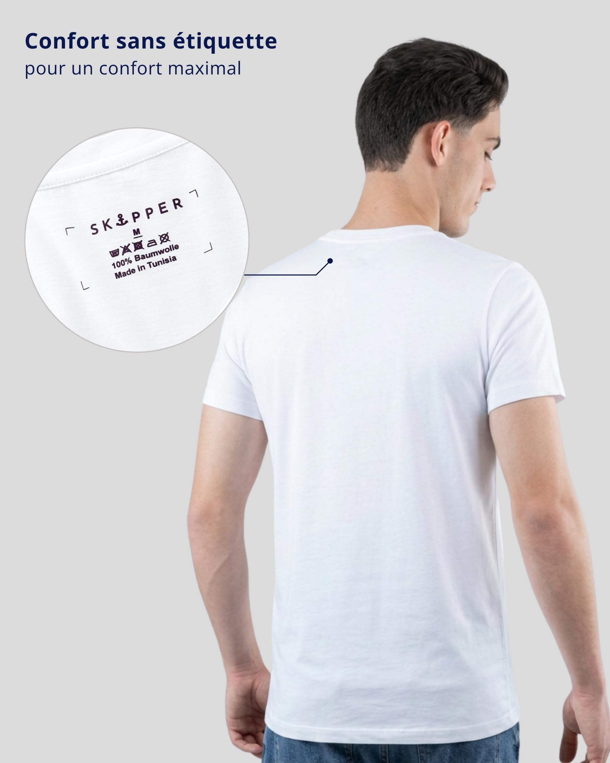 SKIPPER Lot de 3 T-Shirts Homme Col Rond Blanc – 100% Coton, Doux & Confortables – Style Simple pour Tous Les Jours – S–3XL