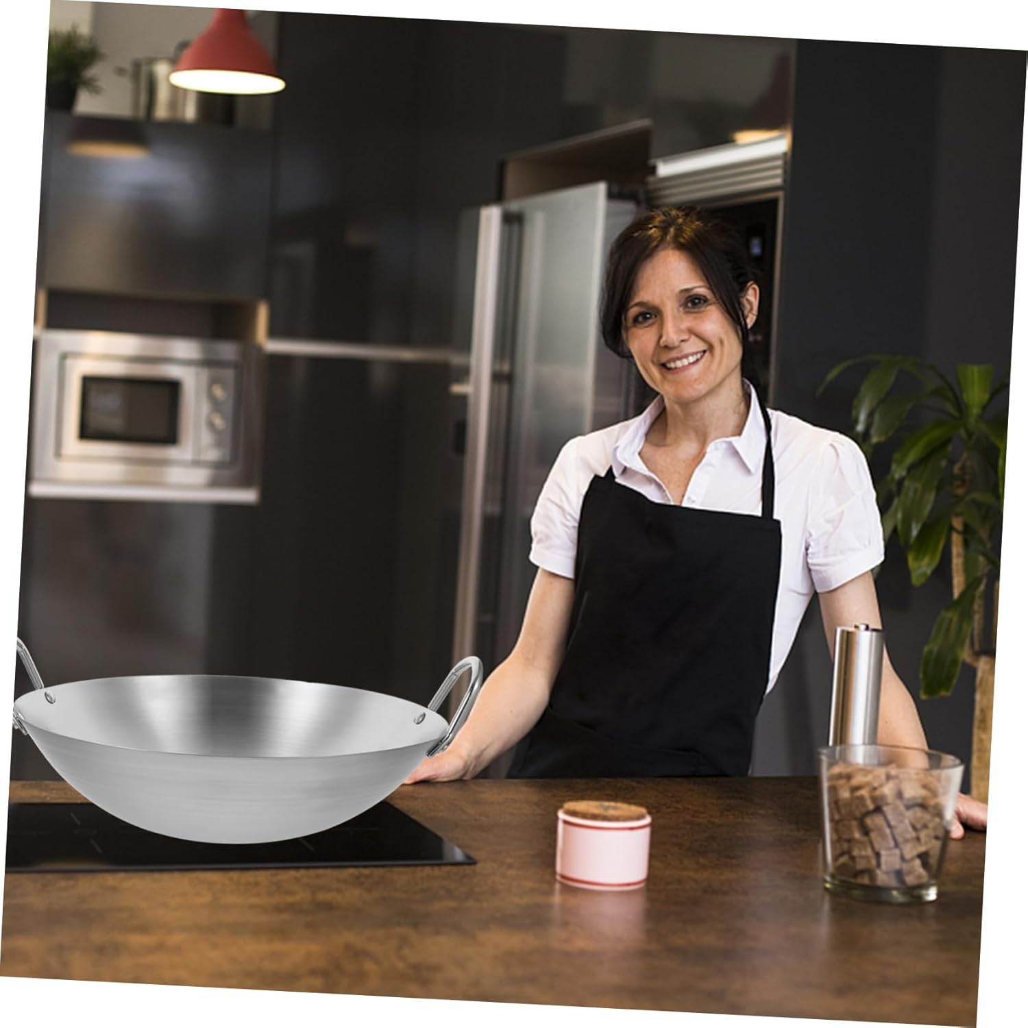 OUNONA Double Handle Stainless Steel Wok Pan Heavy Duty Asian Wok Lid Gas Stove Cookware Accessories