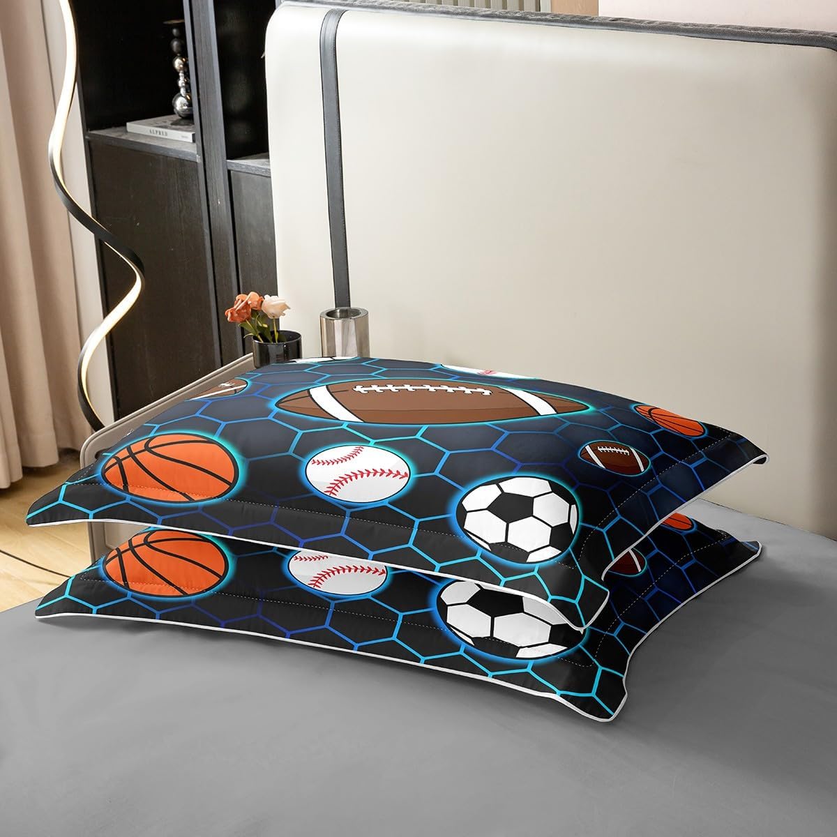 Sport Theme 100% Cotton Duvet Cover Twin Size,Blue Geometric Hexagon Ball Gaming Comforter Cover with 1 Pillowcase,Rugby Softball Basketball Print Soft Bedding Set for Kids Bedroom Decor,All Season