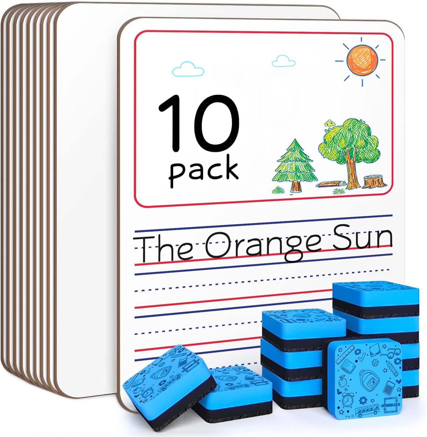 Scribbledo 10 Pack Double Sided Whiteboards 9”x12” Story Lined Dry Erase Boards for Kids Writing Board Practice Drawing Small White Board Teacher Elementary Kindergarten Preschool + Erasers