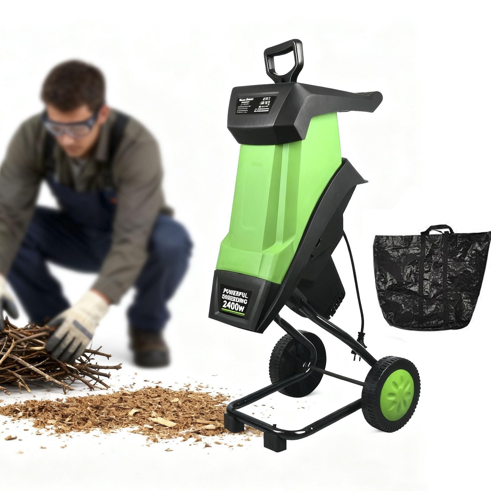 Trituradora de hojas y ramas multifuncional, 2400 W, herramienta eléctrica de jardín, 4500 rpm, trituradora de madera for ramas, bolsa recolectora de 50 L