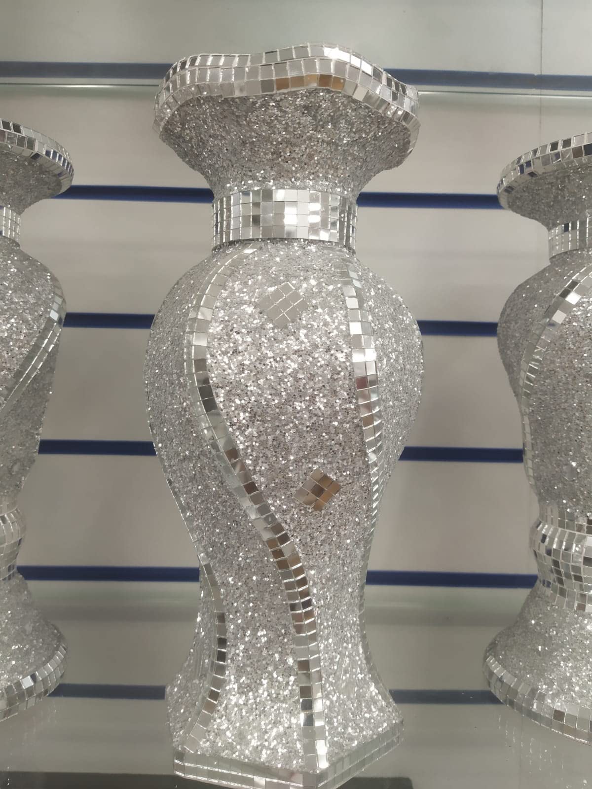 Biznest 30Cm Sparkle Diamond Crushed Crystal Sparkly Silver Mirrored Floor Vase Style 055