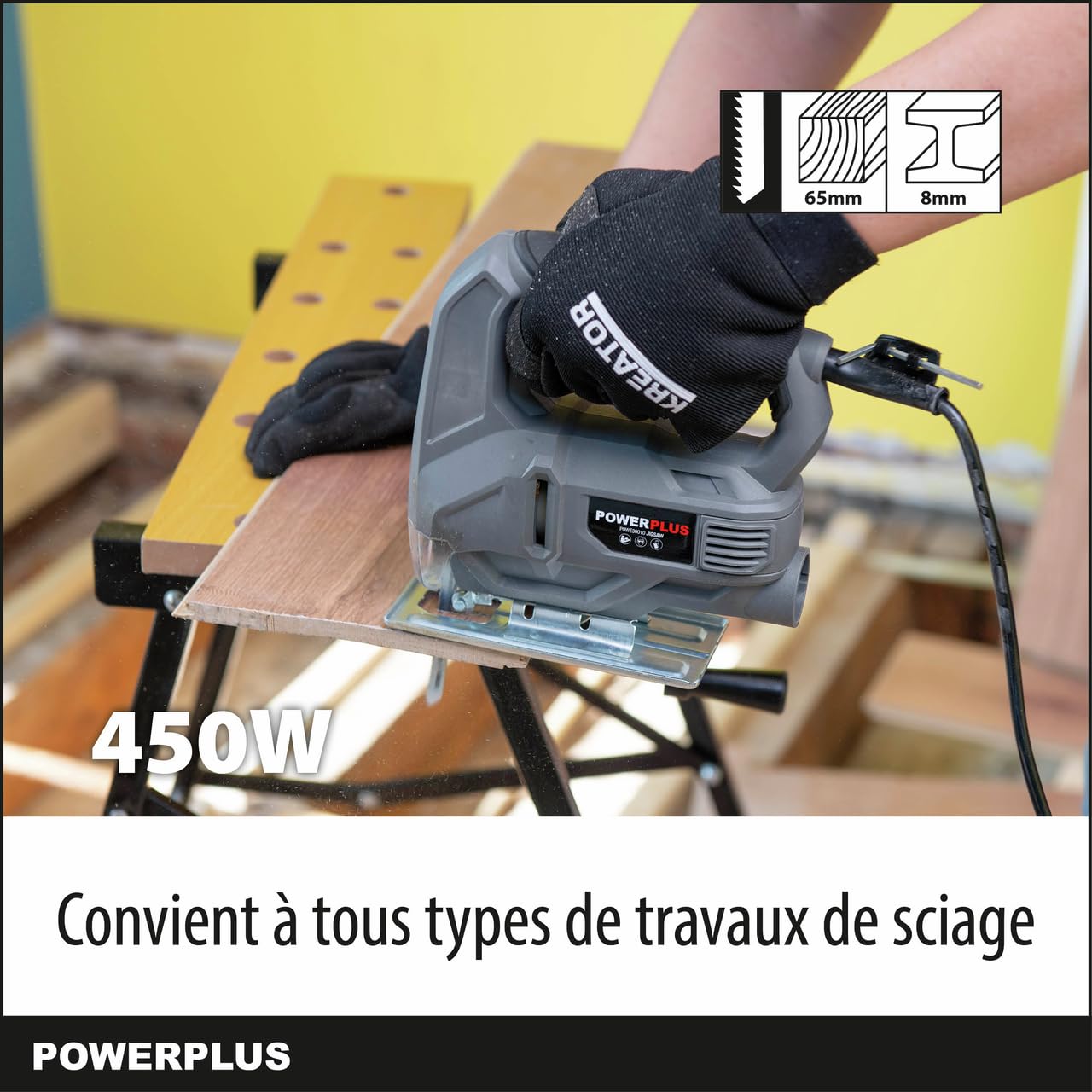 Powerplus Scie Sauteuse Électrique de 450 W POWE30010 - Scie Sauteuse Filaire à Patin Réglable 3000 min-1 - avec 1 Accessoire