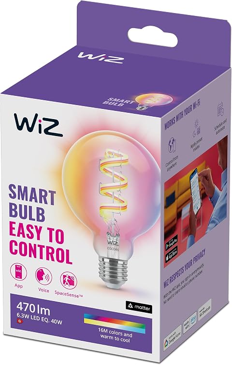 WiZ Smart Bulb, E27 Globe Shape Colour LED Bulb, Smart Dimming LED, WiFi Works with Alexa, Google Assistant & HomeKit, App Control for Livingroom, Bedroom, Dining Room, Energy Monitoring