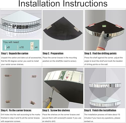 Miniatura 6 de Estante de esquina con espejo estante flotante de espejo de mosaico plateado repisa de exhibición de cristal organizador de esquina brillante