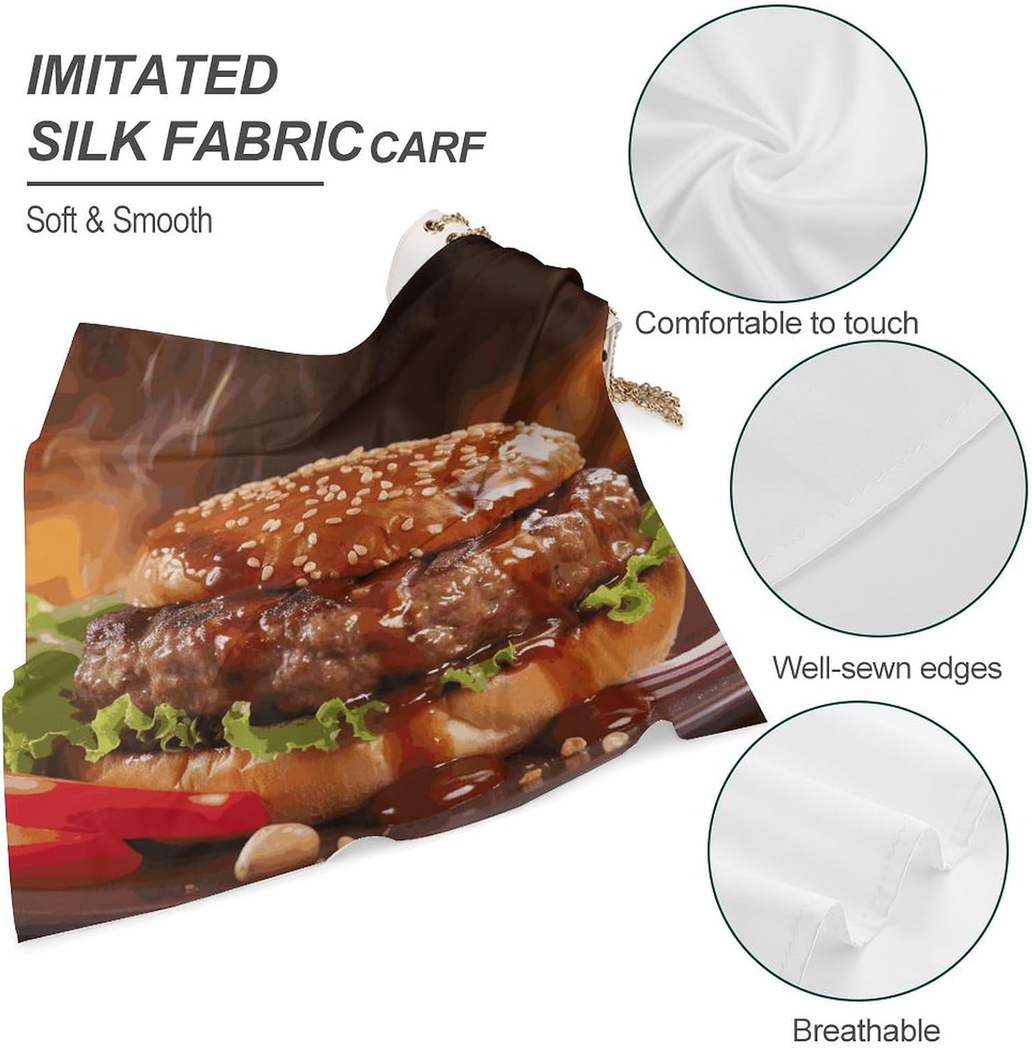 Square Kerchief Bandanas Silky Touch Head Scarf Hamburger Steak Fast Food Mask Scarf for Men & Women 25"x25"
