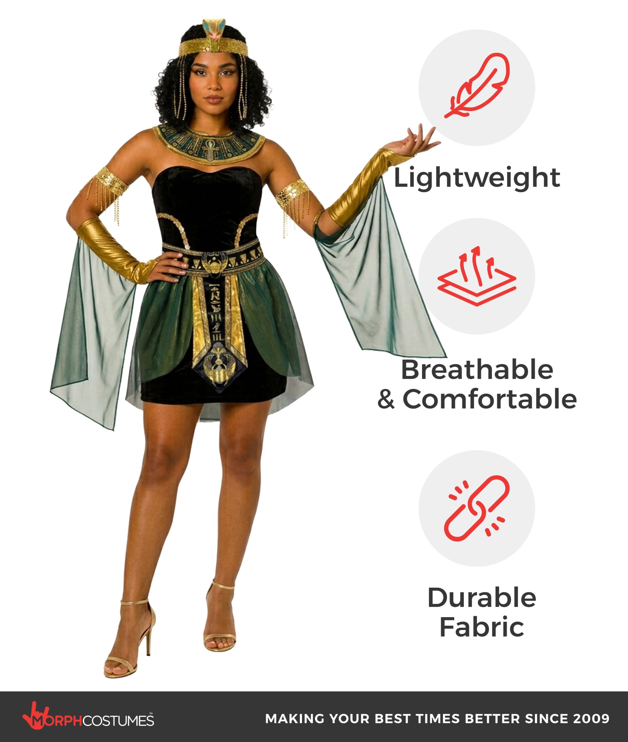 Morph Deguisement Cleopatre Femme, Costume Egyptien Halloween Femme | Robe, Brassards, Collier & Coiffe, Reine du Nil Égyptienne, À Enfiler, Parfait pour Halloween, Idéal pour se Déguiser