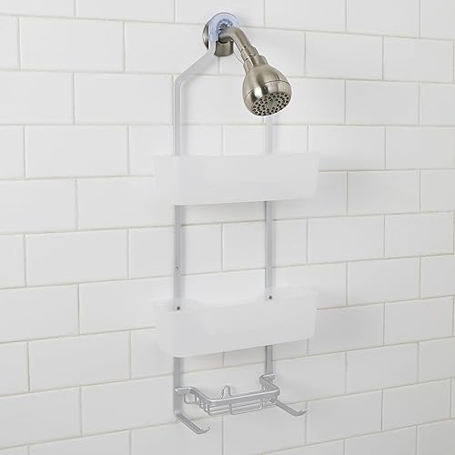 Miniatura 5 de Bath Bliss Organizador colgante de aluminio de 2 niveles, cabeza, con ganchos de lufa, jabonera, capacidad para botellas grandes y pequeñas,