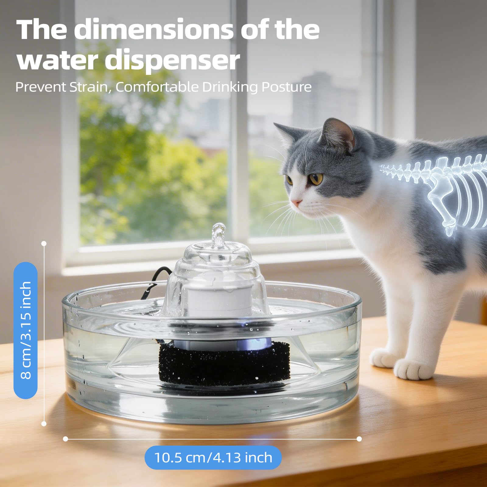Fuente de agua de vidrio para gatos y perros de 2,7 L, dispensador automático de agua para mascotas con bomba silenciosa