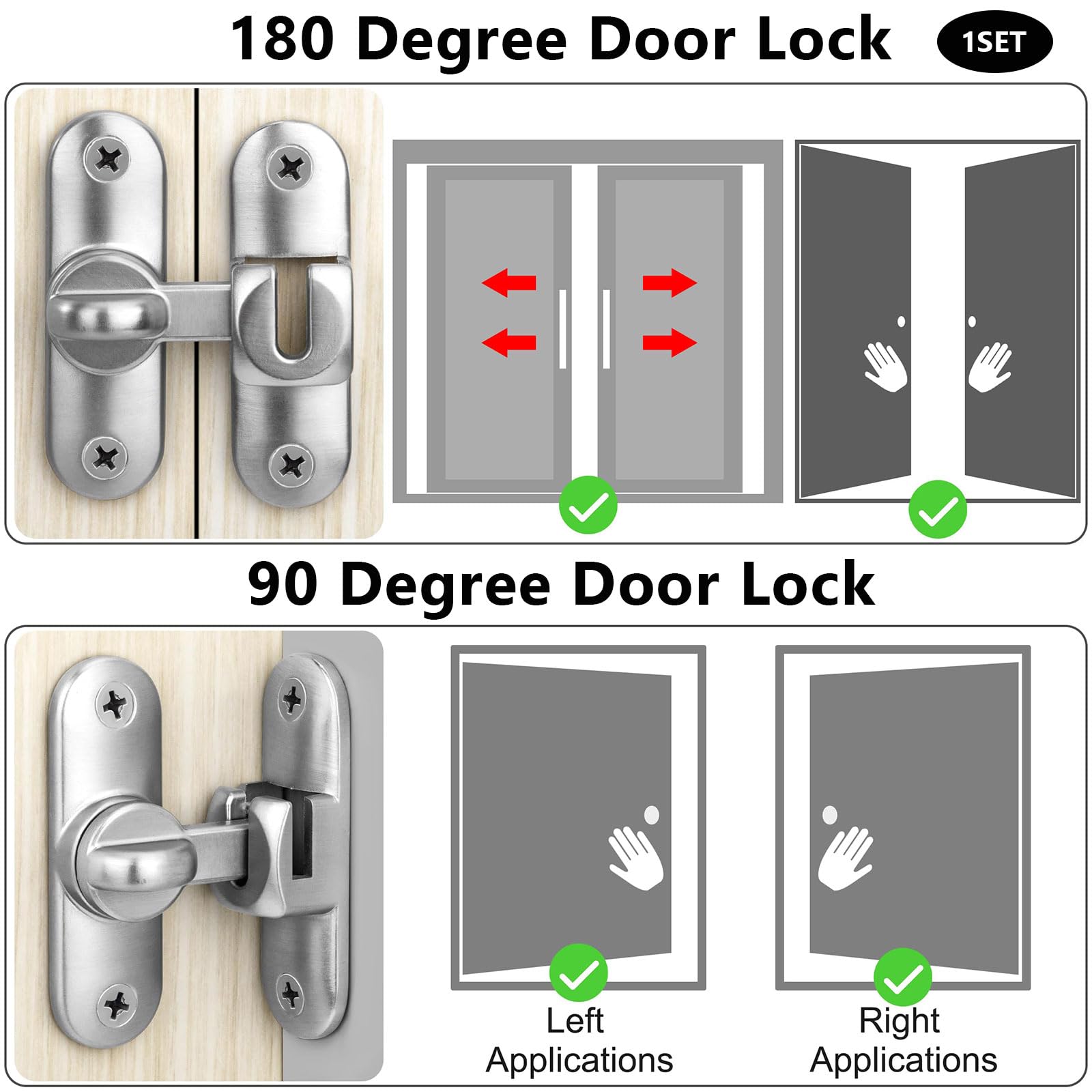 Degree Flip Barn Door Lock 90 Degree Door Lock Sliding Barn Hardware Security Door Latch Zinc Alloy Doors Lock Latch for 90 and 180 for Pet,Bathroom (Silver) - Image 2