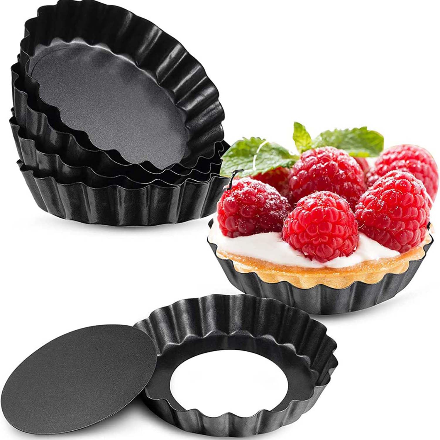 Qniceone 6 Pieces Mini Tart Pan with Removable Bottom, 4 Inch- Nonstick Quiche Pan for Baking Pies, Reusable Small Tart Molds for Pies, Tartlets, Mousse Cakes, Muffins, Kitchen Baking, Black