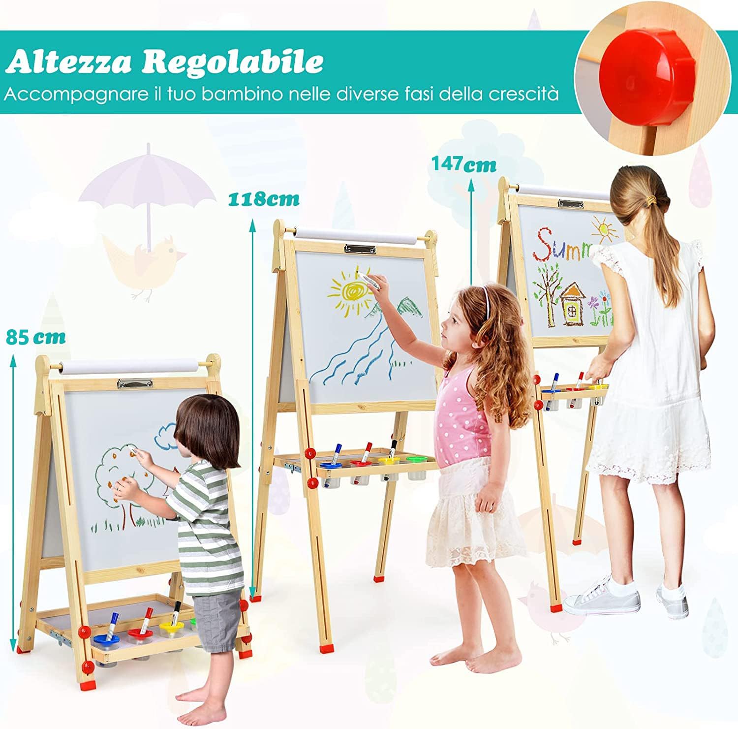 RELAX4LIFE 3 in 1 Lavagna Magnetica per Bambini, Cavalletto per Dipingere Pieghevole, Portatile/Altezza Regolabile 85-147 cm, Giocattolo Educativi 3+ Anni, in Legno di Pino, Accessori Completi