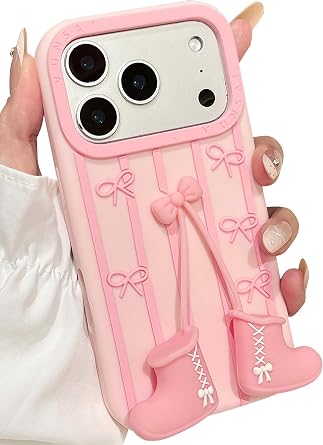 Cute 3D Bow Phone Case with Boots Charm for iPhone 17 Pro Max, Kawaii Cartoon Soft Silicone Phone Cover, Adorable Girly Design for Girls, Kids, Teens, and Women