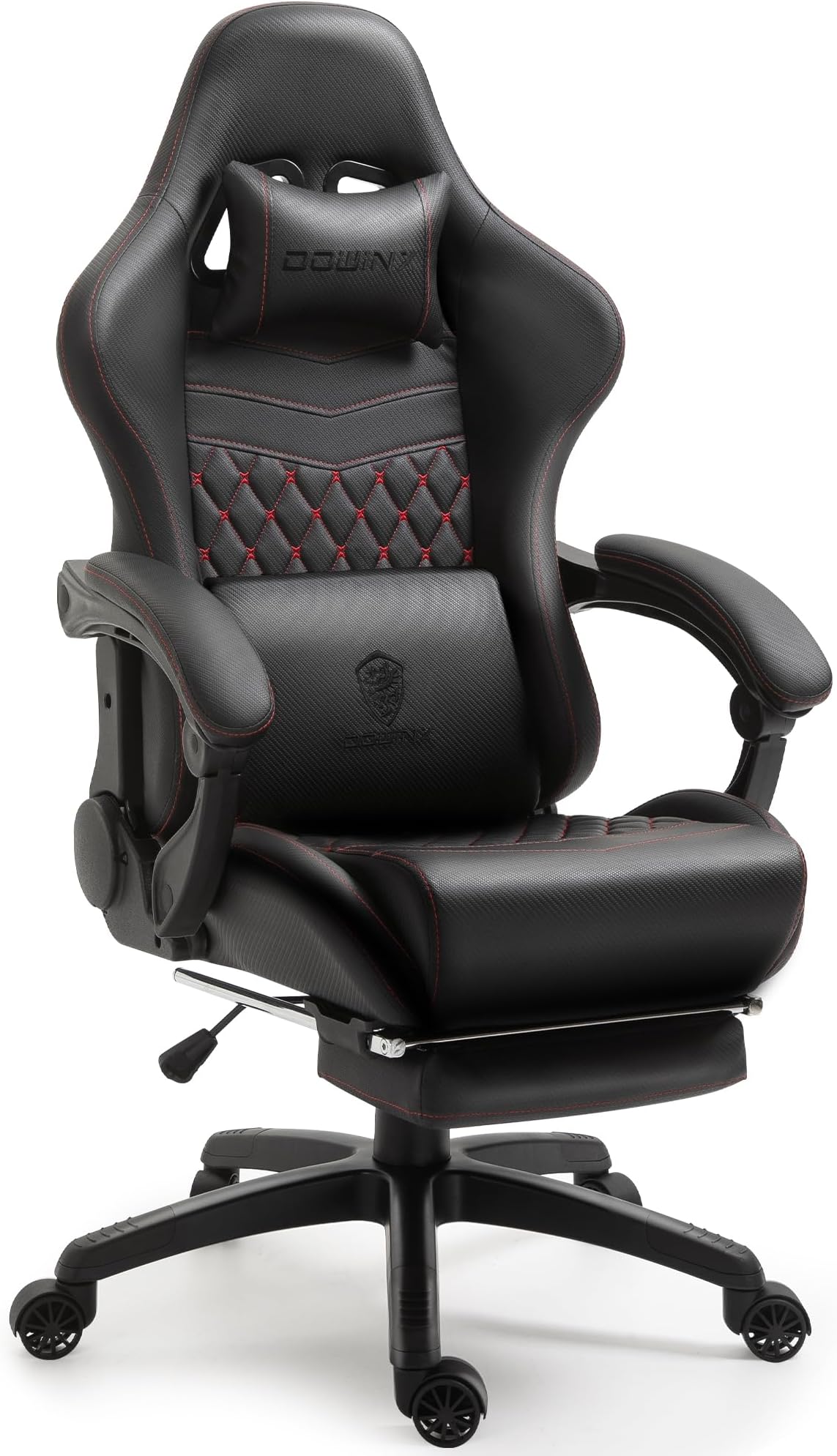 Gaming/Office PC Chair with Massage Lumbar Support, Vintage Style PU Leather High Back Adjustable Swivel Task Chair with Footrest (Black and Red)