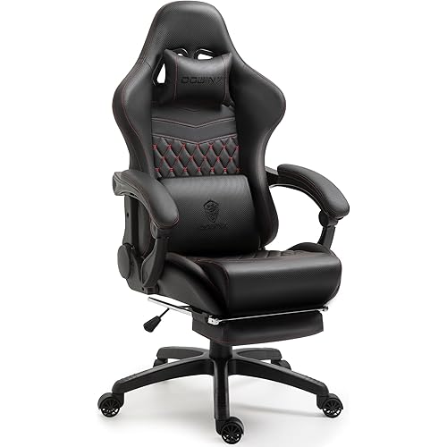Dowinx Gaming/Office PC Chair with Massage Lumbar Support, Vintage Style PU Leather High Back Adjustable Swivel Task Chair with Footrest (Black and Red)