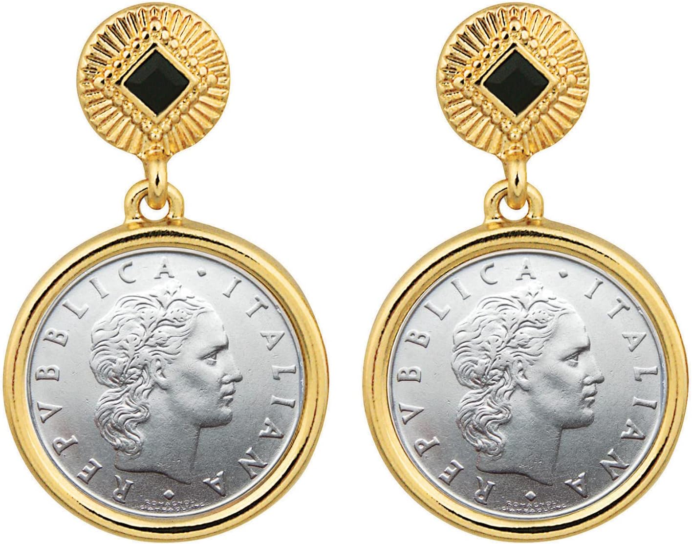 American Coin TreasuresEarrings Italian 50 Lire Coin Jewelry- Post Pin Style- Goldtone Bezel-Minted in Italy- Art Deco, Zinc, No Gemstone