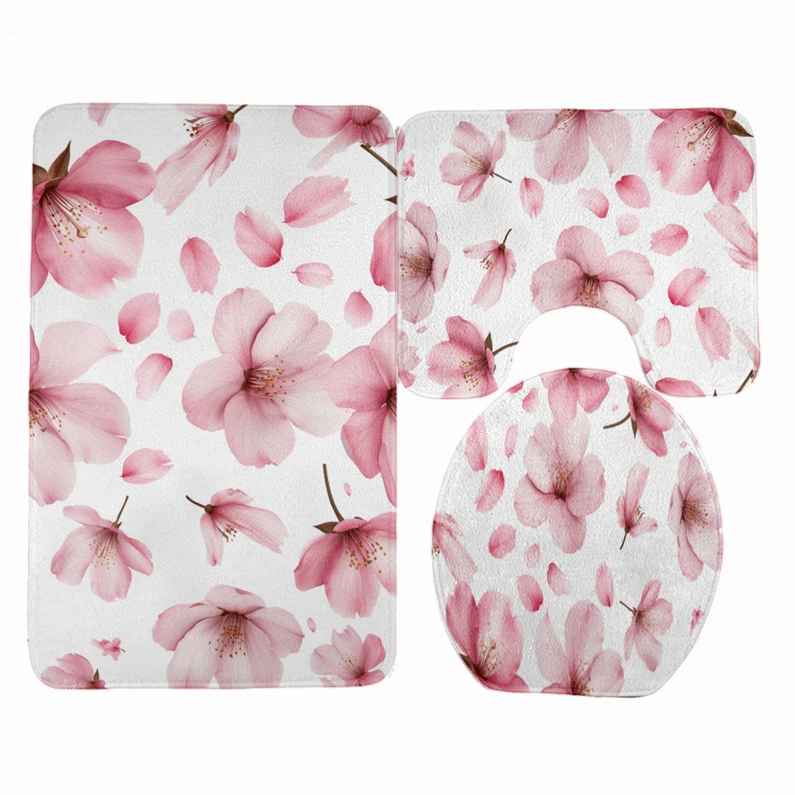 Tapis d'entrée fleur blanche et lot de bain 3 pièces en polyester lavable de 45x75cm