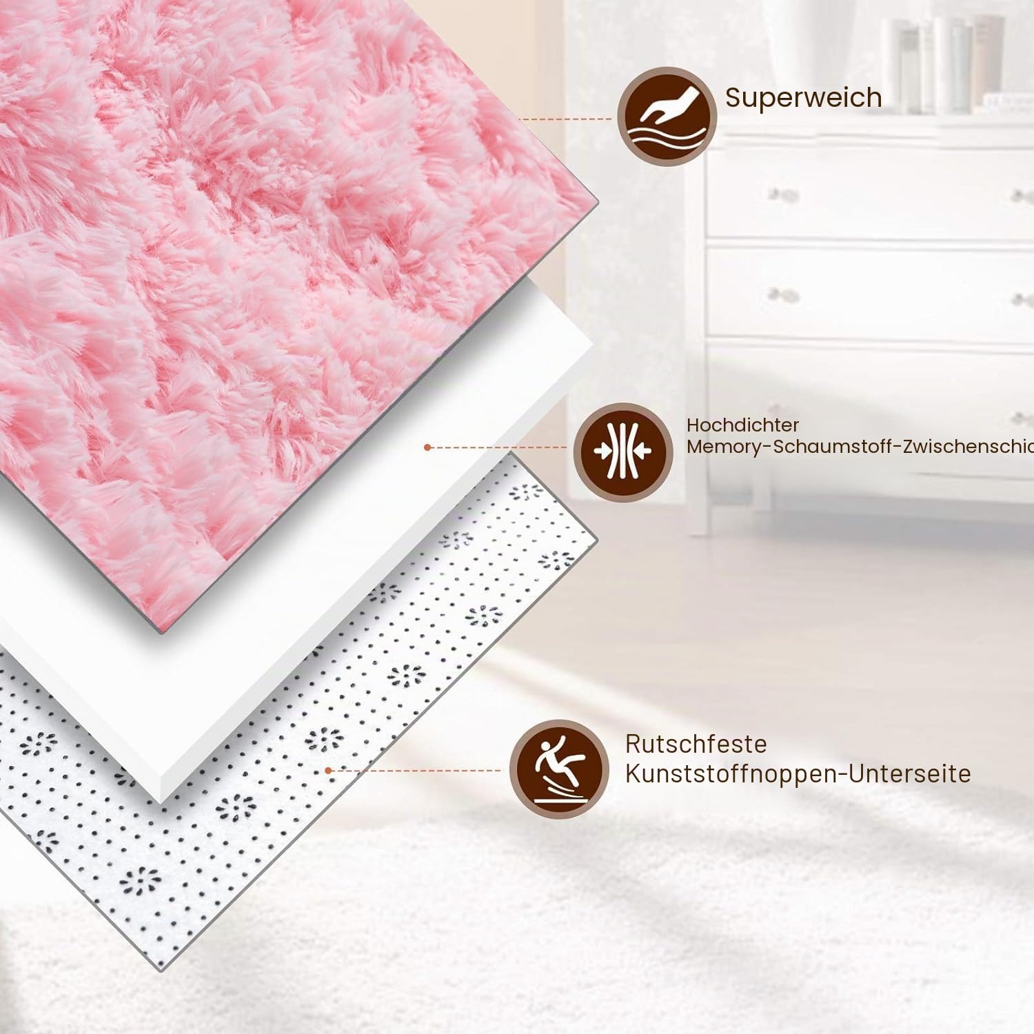 Rosa Waschbarer Hochflorteppich 140x200cm Teppiche für Wohnzimmer | Flauschig, Hochflor 4-5 cm, Hochwertiger Schaumstoff, für Schlafzimmer, Kinderzimmer, Babyzimmer