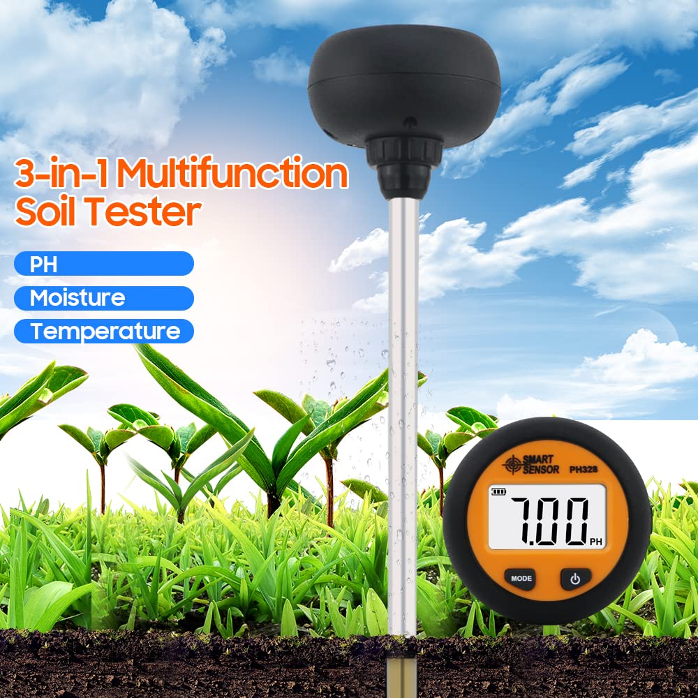 HUIOP PH328 Tester del Suolo con retroilluminazione Digitale 3 in 1 PH/umidità/Temperatura Sonda Portatile Multifunzione per Test del PH del Suolo Misuratore di umidità per Agricoltura Semina
