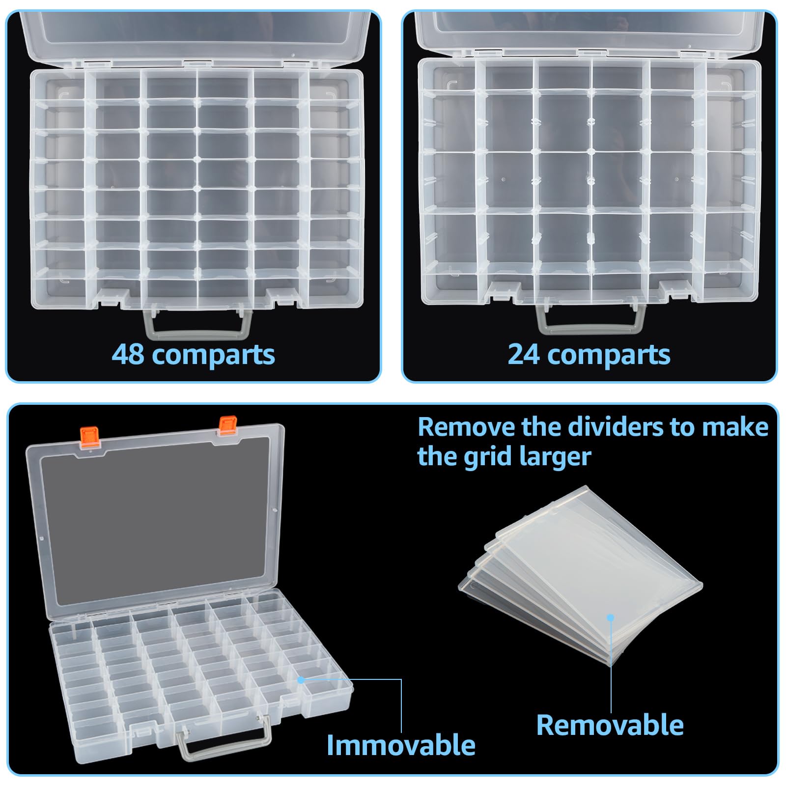 Confezione da 2 scatole organizer per gioielli in plastica trasparente a 48 scomparti, con divisori regolabili, contenitori per gioielli, multi scomparti, per artigianato, perline, gemme, rocce