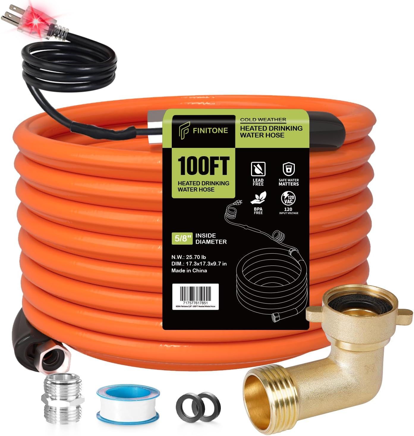 FINITONE 100ft L x 5/8" ID RV Heated Water Hose 40℉ Antifreeze