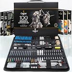 Castle Art Supplies 100 Dessin de la pièce & Set de croquis Graphite, Charbon, pastel, métallisé & Crayons solubles dans l'eau + Sticks, Fineliners , Pour les professionnels, les artistes adultes , dans le cas de voyage difficile