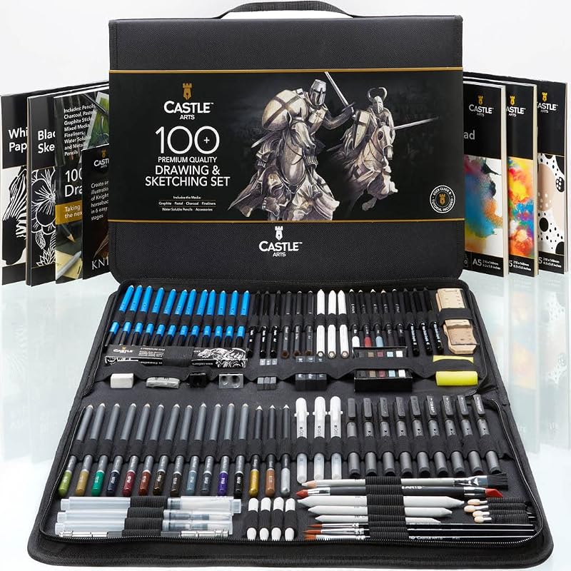 Castle Art Supplies 100 Piece Drawing Sketching and Charcoal Set for Adults | Graphite, charcoal, pastel, and metallic pencils, plus more extras - for professional and adult artists alike