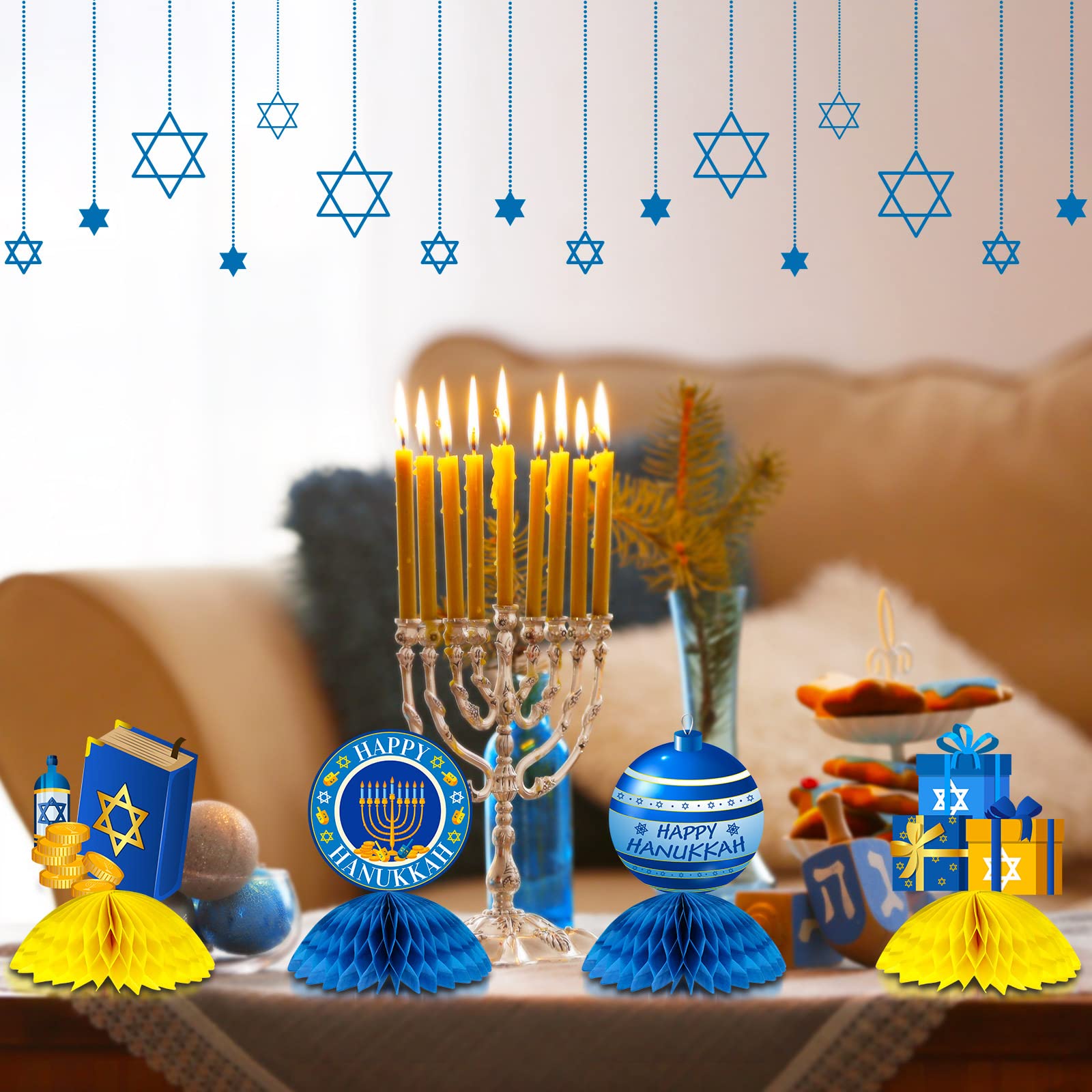 12 Pcs Hanukkah Honeycomb Centerpieces – Table Decor With Candlestick, Star & Coin Designs