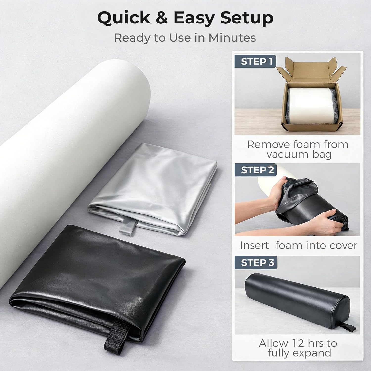 Dual-Cover Comfort Massage Bolster Pillow 3/4 Round, 26 x 6 x 6 in PU Leather & Cooling Cover Bolster for Massage Table, Massage Bolster Pillow for Legs, Leg & Knee Bolster Support – Black/ Light Gray