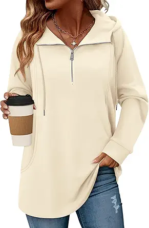 onlypuff Women Hoodie Pullover Trendy Quarter Zipper Lapel Sweatshirts Drawstring Cute Hooded Tunic Tops with Side Pockets