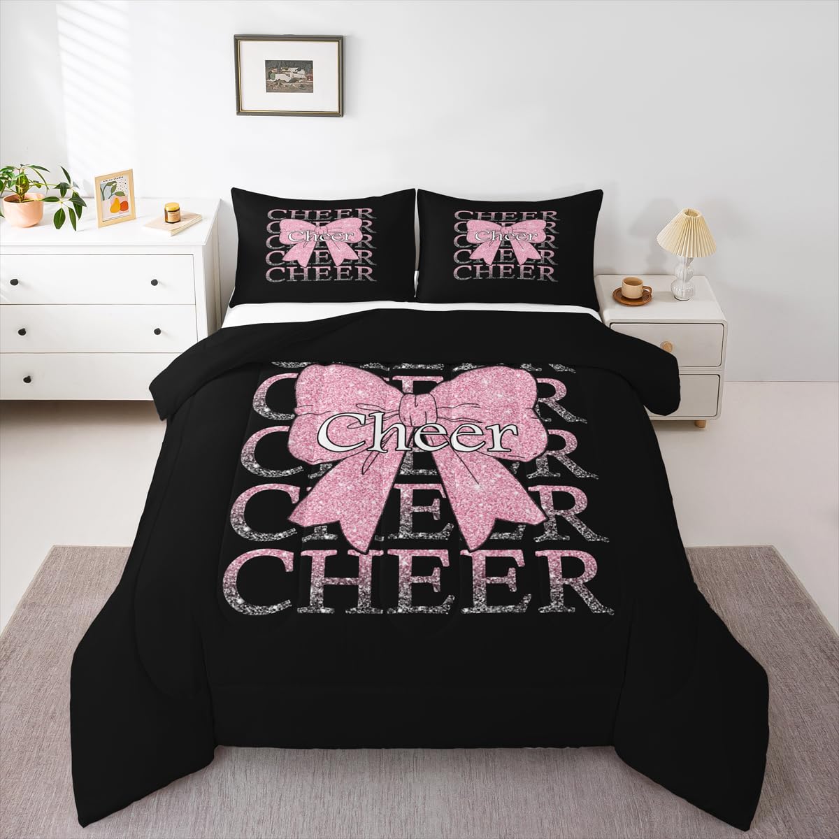 Feelyou Cheer Bow Bedding Set Soft for Boys Girls, Cheerleader Comforter Set Queen Size Funny Sport Duvet Quilt Microfiber Light Pink Bedroom Decor 3 Pcs with 2 Pillow Cases