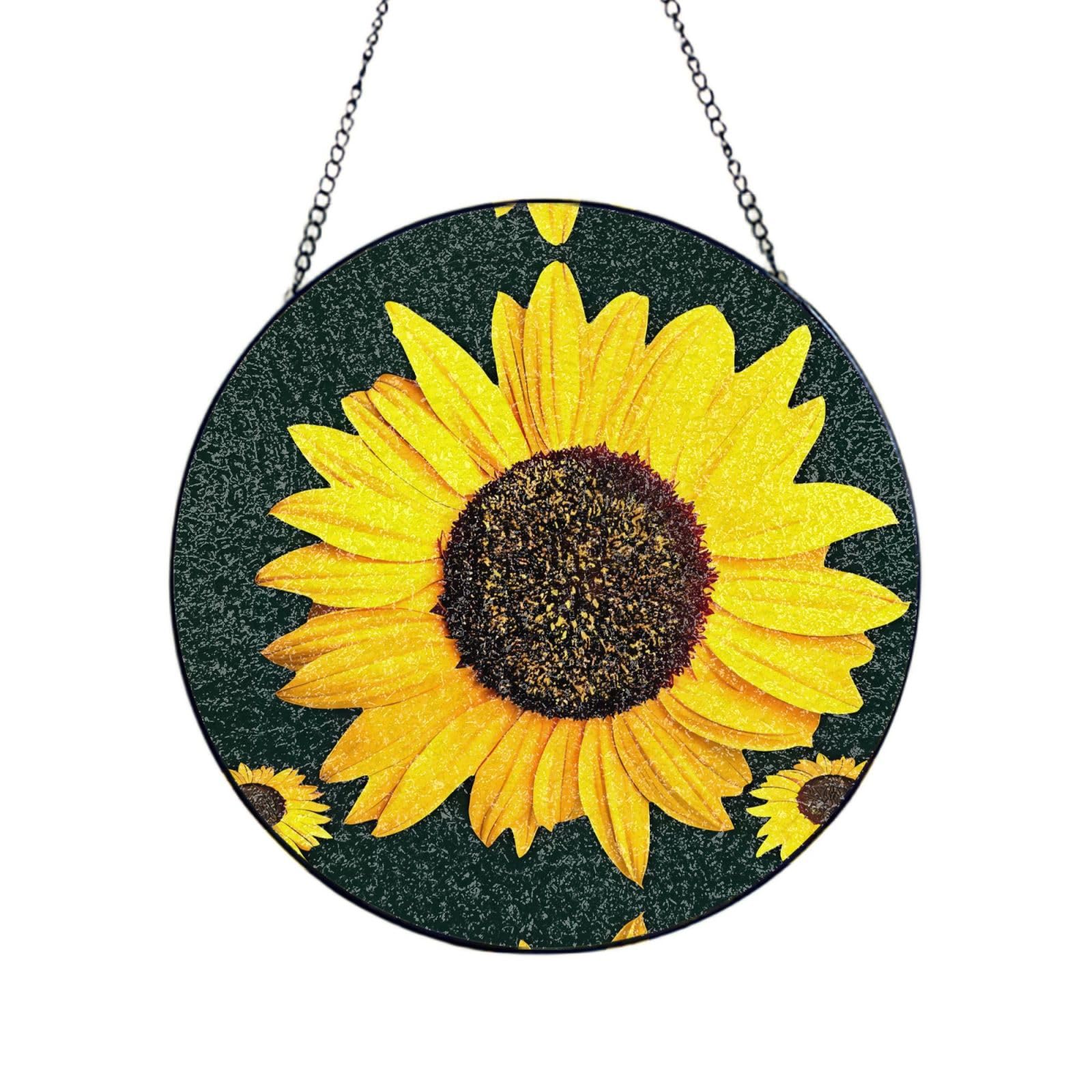 Phayah Bloom Sunflower Print Glass Window Hanging Round Suncatcher Glass Ornament Garden Wall Fence Decorations Indoor Outdoor 12in（30cm）