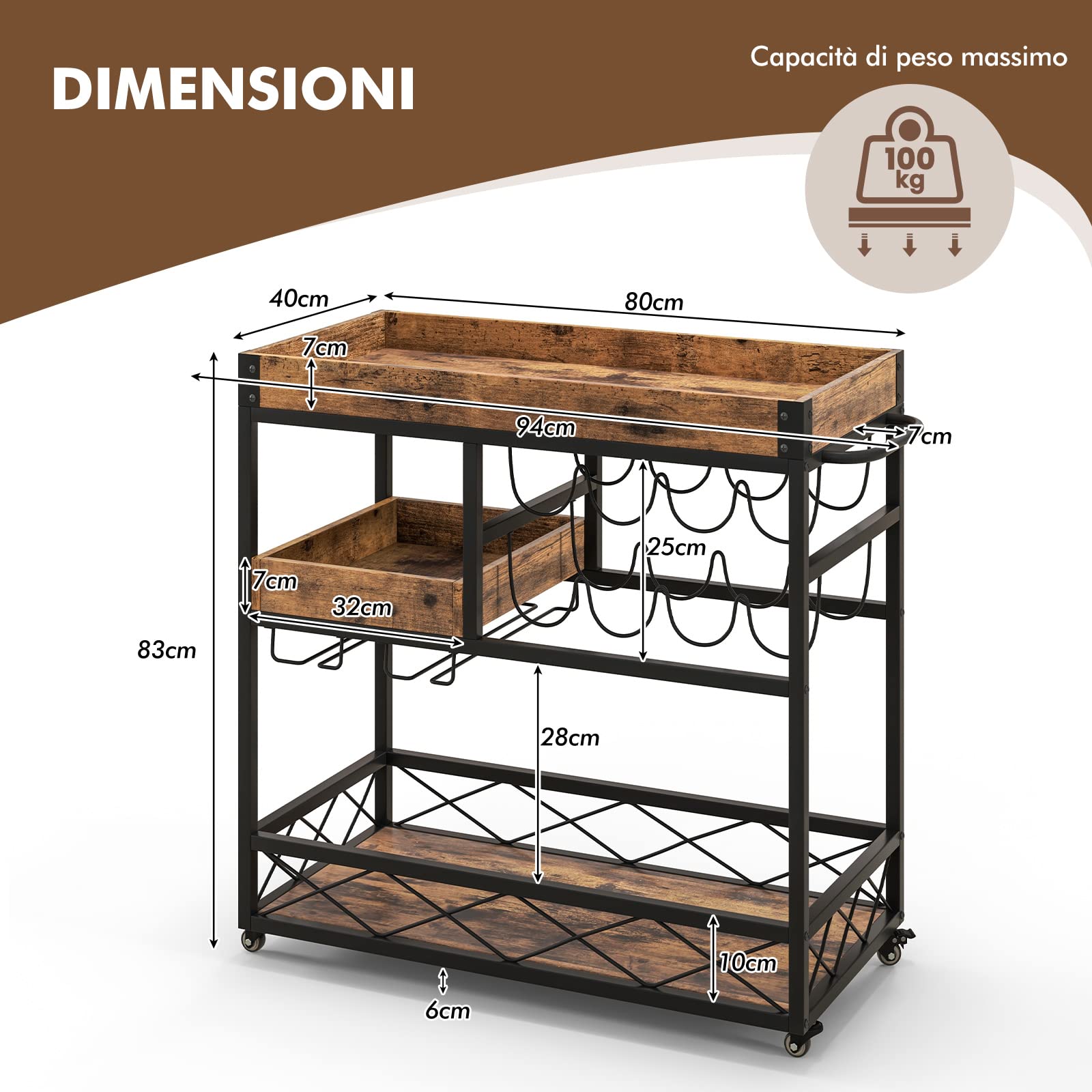 COSTWAY Carrello Bar a 3 Livelli, Carrello da Cucina con Vassoio Rimovibile, Portabottiglie e Porta Calici, con Ruote Bloccabili e Maniglie, per Cucina, Sala da Pranzo e Bar