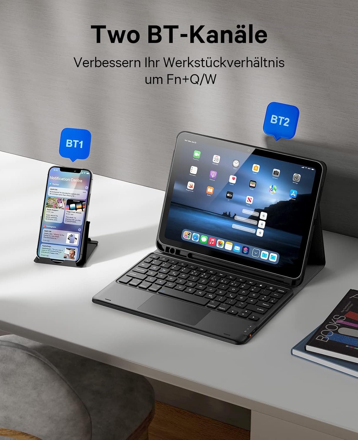 Image illustrating the two Bluetooth channels (BT1 and BT2) for connecting the keyboard to an iPad and a smartphone.