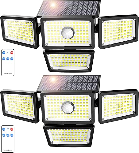 Luces solares de 3000 lm para exteriores, 4 cabezales ajustables, luces solares con sensor de movimiento con 283 LED, luces de pared de seguridad