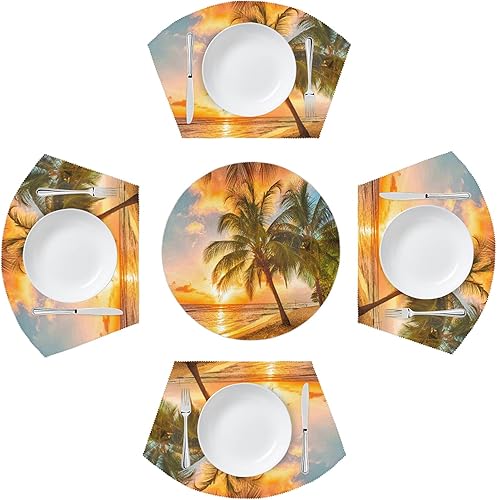 Juego de 4 manteles individuales abstractos modernos de color turquesa y gris para mesa redondos, de PVC, lavables, resistentes al calor,