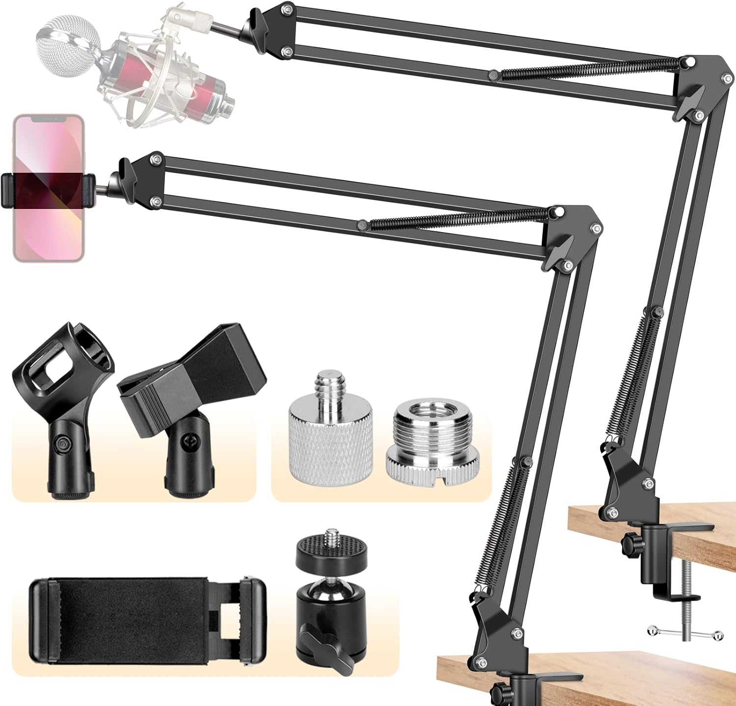 CAHAYA Microphone Arm Stand Boom Suspension Stand with 3/8″ to 5/8″ Screw Adapter, Mic Clip for Blue Yeti Nano Snowball Ice and Other Mics CY0262-1