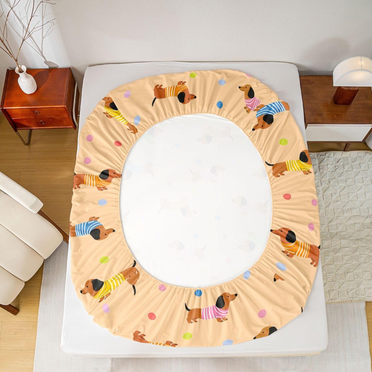 Manfei Sábana bajera ajustable de lunares tamaño King, juego de ropa de cama de perro kawaii de 3 piezas, sábanas de lunares lindos con 2 fundas de almohada, decoración de habitación de niños y niñas