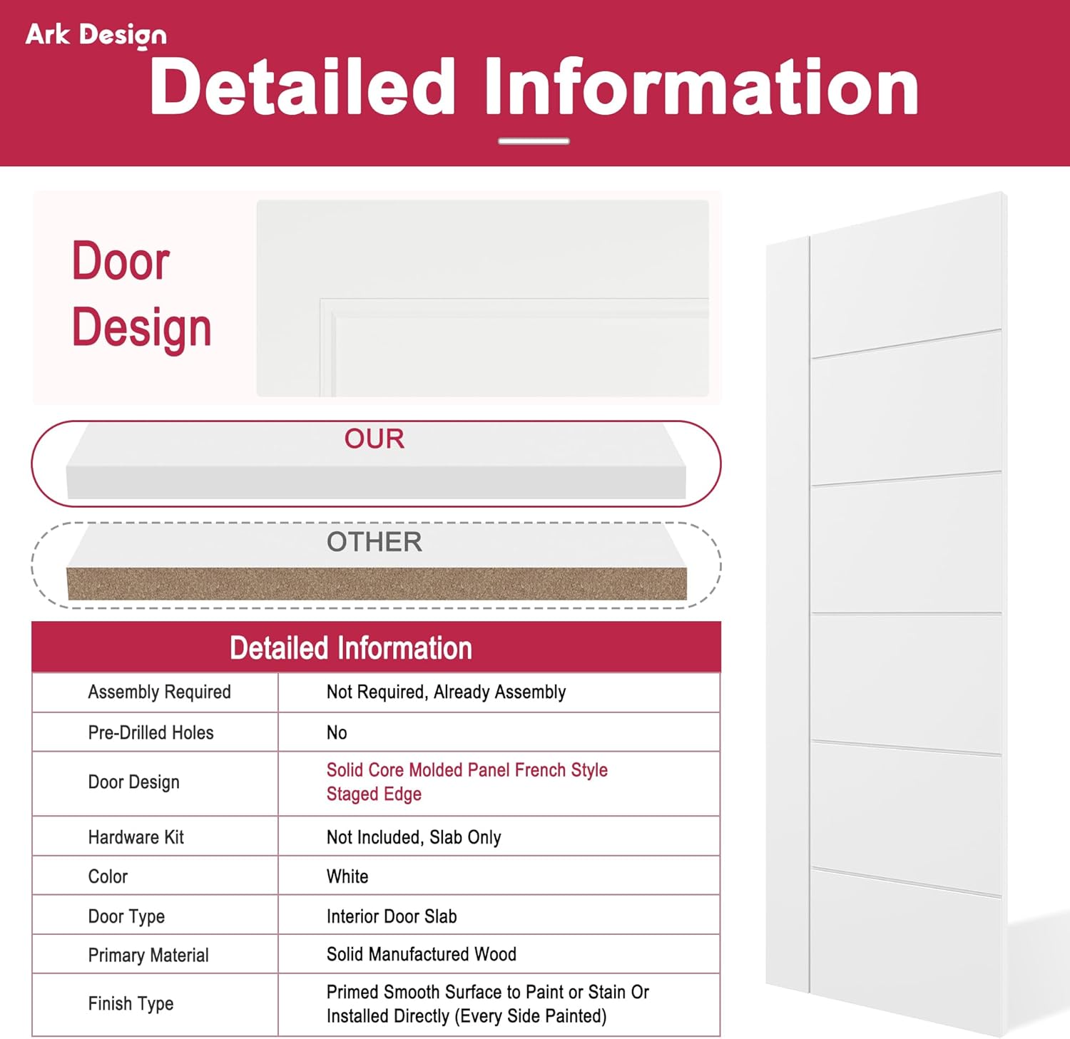28" x 80" French Doors Slab, 6-Panel Modern Solid Core Panel Interior Door for Hallway, Bedroom, White Finished & Paintable, MDF Door Panel w/o Borehole or Hinges