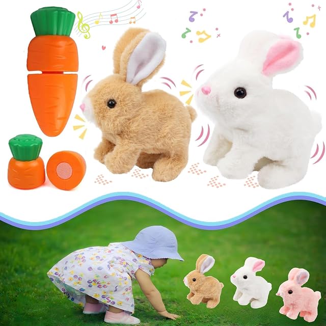 Bunny Stuffed Animal Plush, Interactive Electronic Pet Hopping Bunny Toy, Realistic Stuffed Easter Bunny Rabbit with Sounds and Movements Animated Walking Wiggle Ears Twitch Nose (Brown&White)