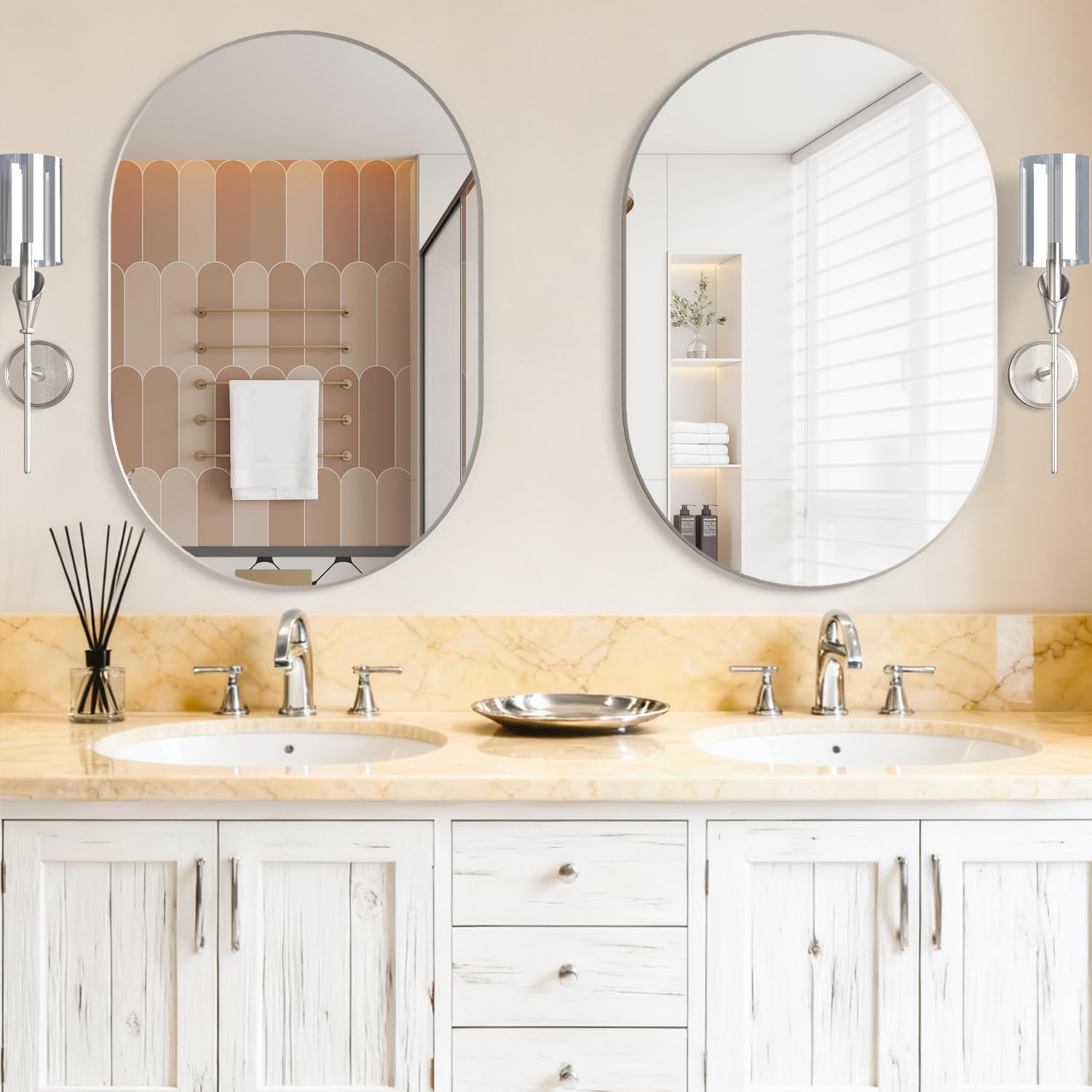 Oval Bathroom Mirror Capsule Wall Vanity Mirror, 24x36 Pill Mirrors Wall Mounted Mirror, Large Modern Mirror with Silver Metal Frame, Decor for Entryway, Bedroom, Living Room