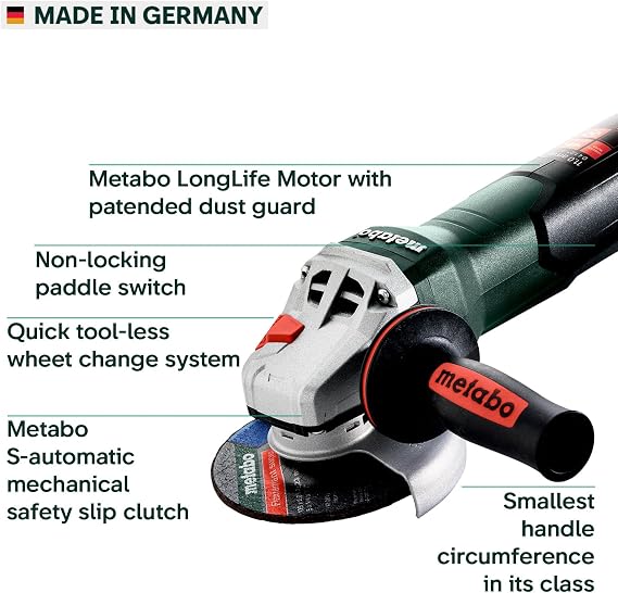 Metabo 4-1/2-5-Inch Angle Grinder, 11 Amp, 11,000 RPM, Non-Locking Paddle Switch, Made in Germany, WP 11-125 Quick, 603624420, Green