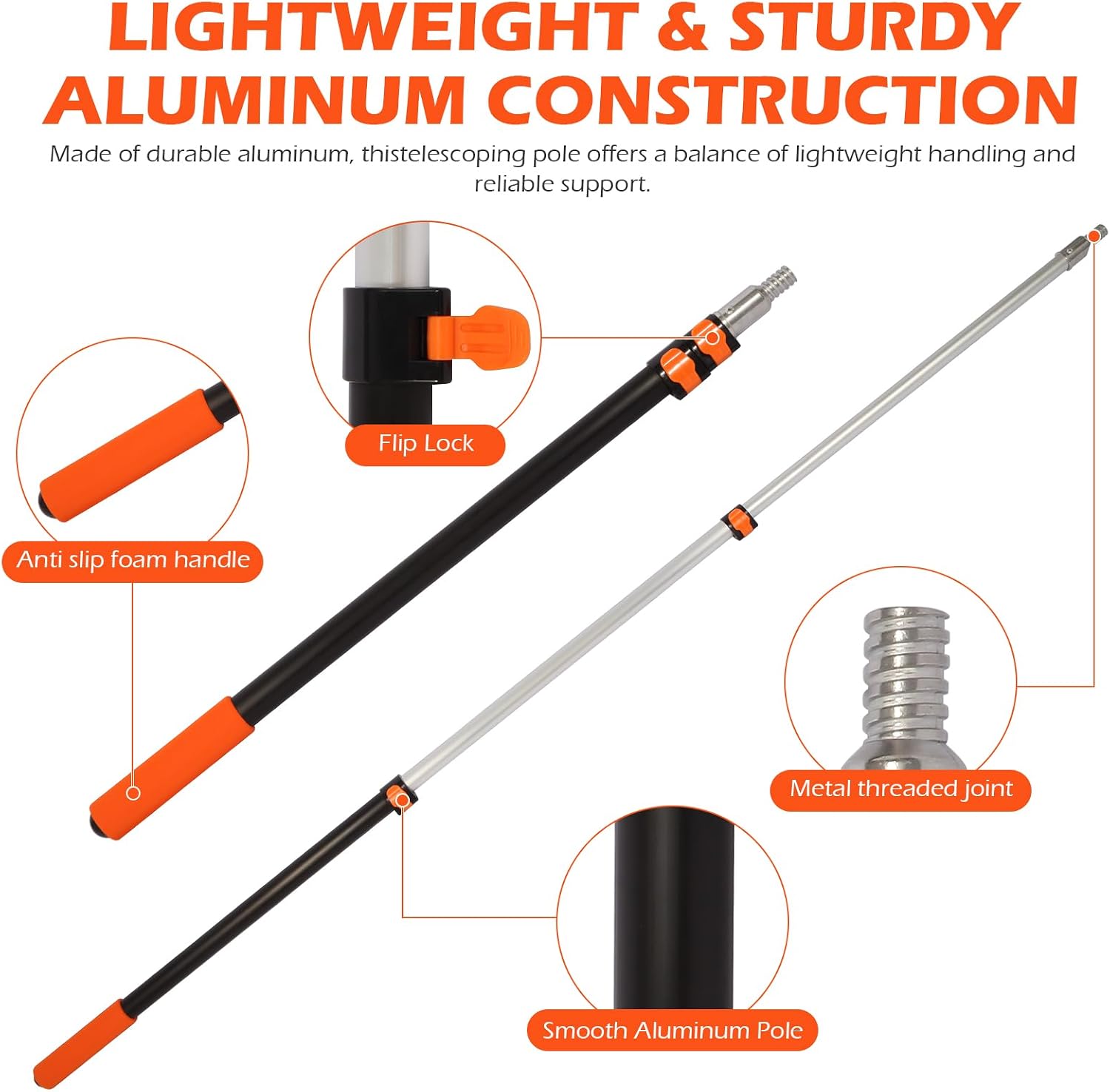 2.4–6 FT Telescoping Extension Pole, Lightweight Aluminum Extendable Paint Roller Pole for Painting, Dusting, Window Cleaning, Sturdy Extension Pole with Foam Grip