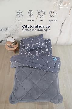 Formeya Tek Kişilik Çarşaflı Astronot Desenli Çift Taraflı Wellsoft Uyku Seti (Yorgan+Çarşaf+Yastık Kılıfı)