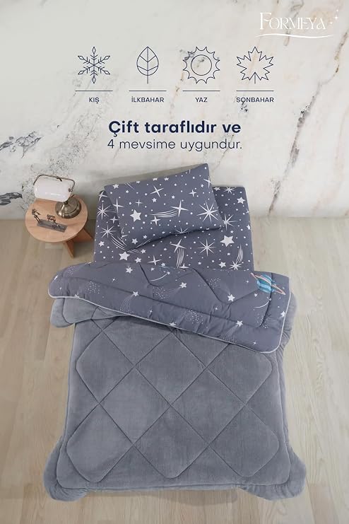 Formeya Tek Kişilik Çarşaflı Astronot Desenli Çift Taraflı Wellsoft Uyku Seti (Yorgan+Çarşaf+Yastık Kılıfı)