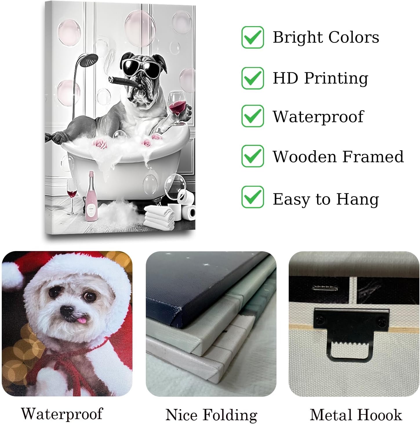ZHIYYHAO Funny Bulldog Living Room Wall Art Black and White Animals Bulldog Smoking Cigar Wall Decor Bulldog in Bathtub Bathing Pink Bubbles Canvas Prints Framed Artwork for Hallway Decor Bedroom Living Room Nursery Home Decor （A-11，30.00L" X20.00W'' ）