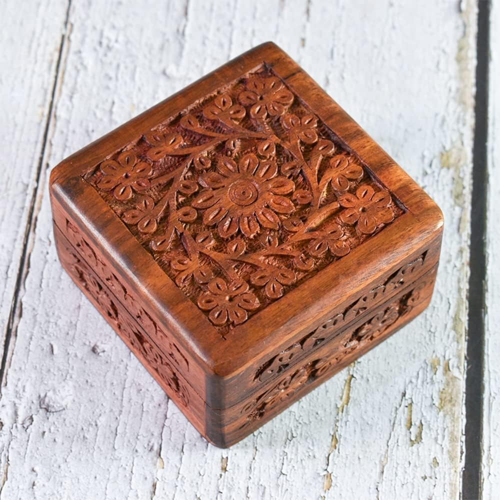 Ajuny Handcrafted Wooden Indian Carving Box Jewelry Storage Holder Trinket Keepsake Earrings Watch Ring Box Perfect Best Gifts 4x4 Inch - Image 3