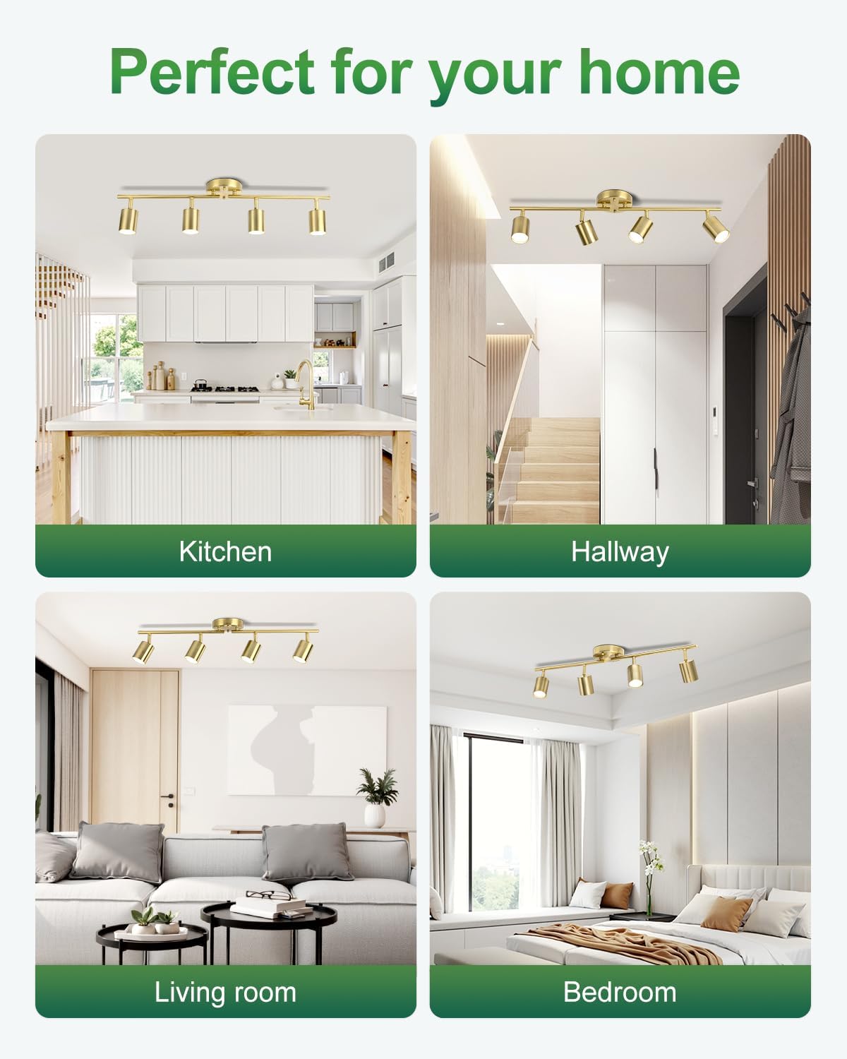 4 Ways Track Lighting, Rotatable Heads Tracks Light, Track Lightings Fixtures Ceiling with Foldable Arms, Brushed Gold Tracks Light for Kitchen, Living Room, Hallway(Bulbs Not Included)