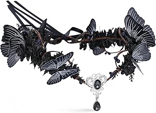 Handmade Dark Fairy Crown Black Butterfly Headpiece Woodland Elf Circlet Gothic Floral Tiara Headband for Women Girls Cosplay Wedding Birthday Renaissance Halloween - Buy now