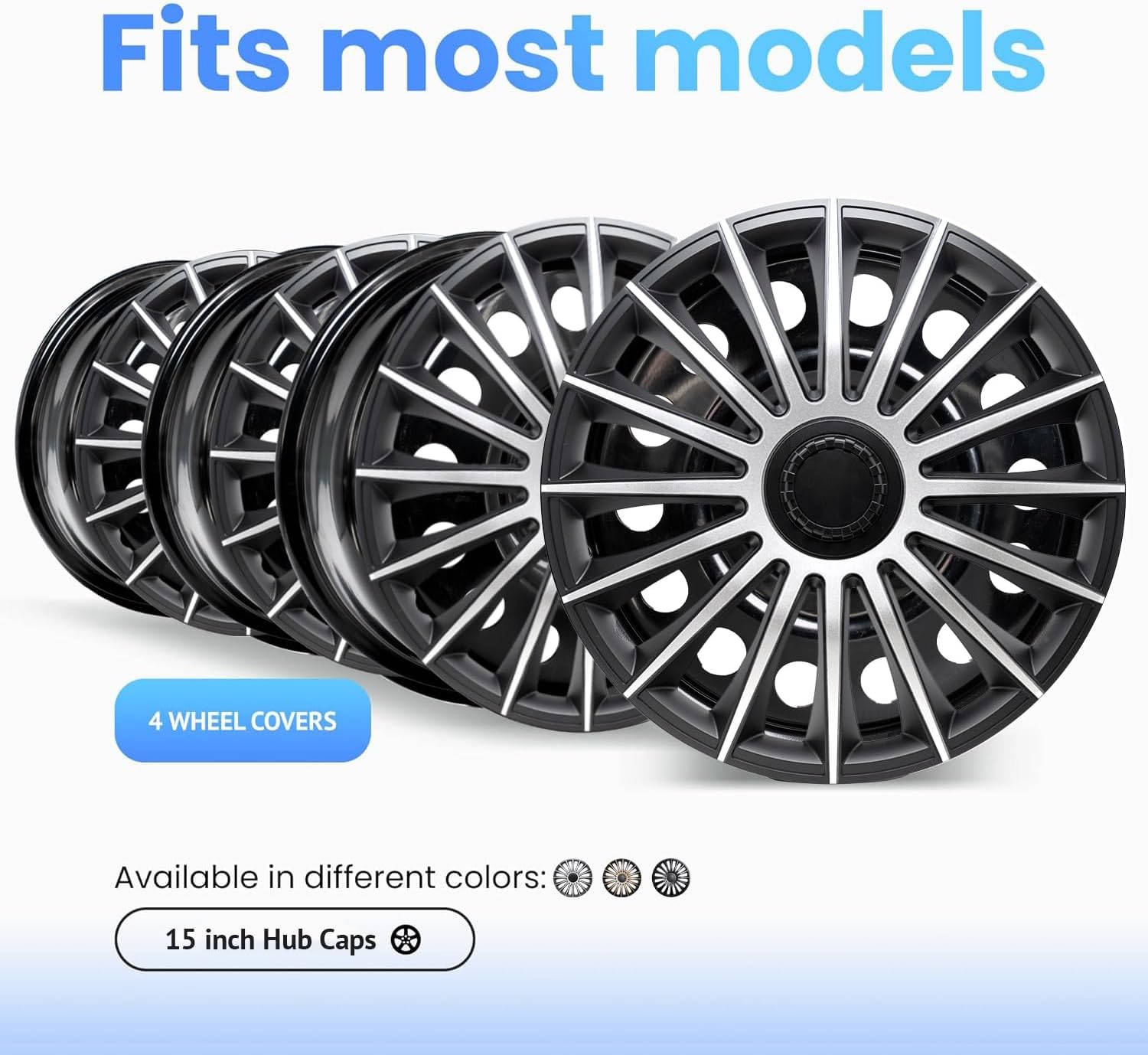 Alpena Austin Vehicle Wheel Covers, Premium European-Made Rim Covers with 3-Step Retention System, Durable Hub Caps Fits Most Steel Wheels, Set of 4, 15 Inch, Silver & Black